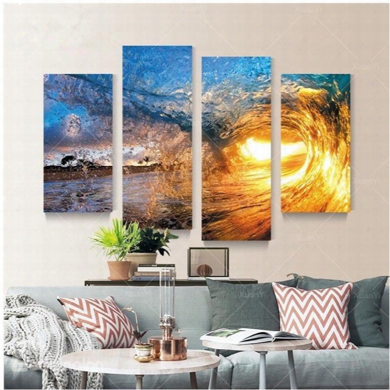 Yellow Sunrise And Sea Wave Hanging 4-piece Canvas Waterproof And Eco-friendly Non-framed Prints