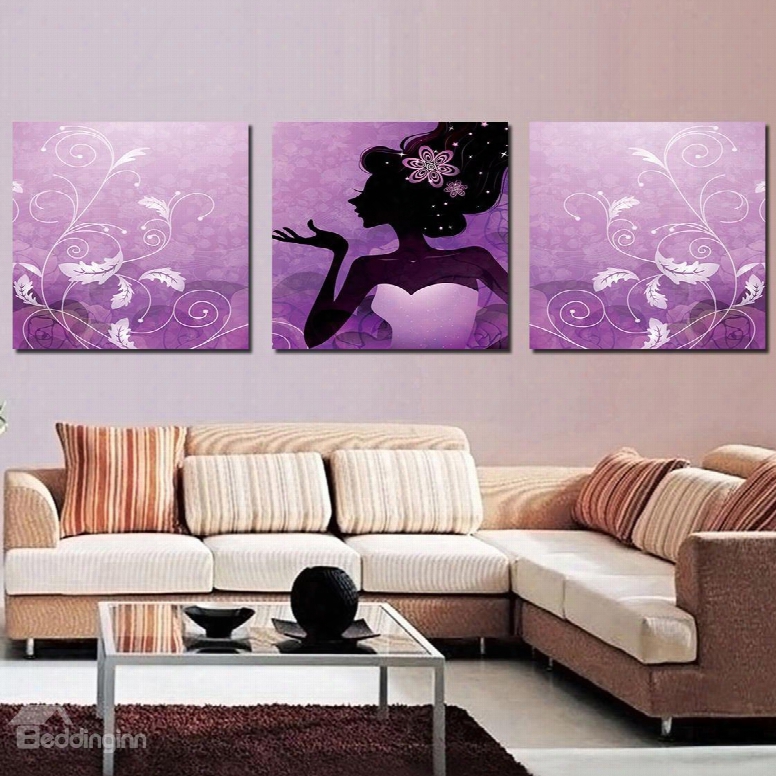 16␔16in␔4 Panels Pretty Girl Hanging Canvas Waterproof And Eco-friendly Purple Framed Prints