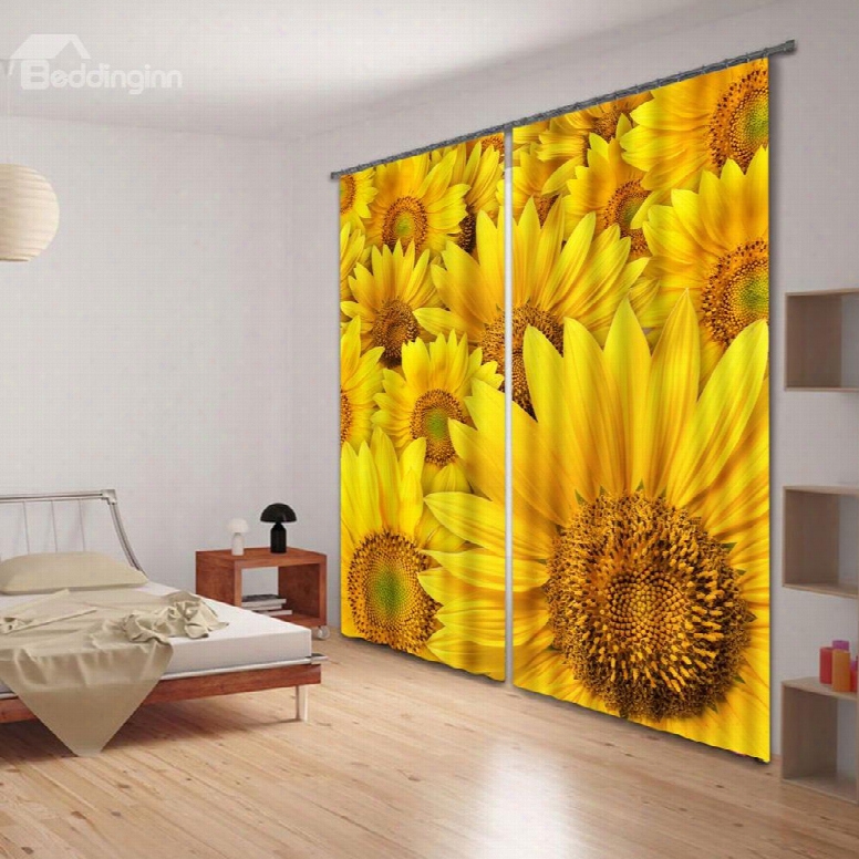 3d Beautiful And Vivid Sunflowers Printed Thick Polyester Custom Shading Curtain