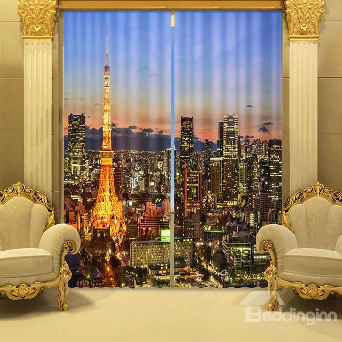 3d Beautiful Night City Printed Polyester Modern Style 2 Panels Custom Blackout Curtain