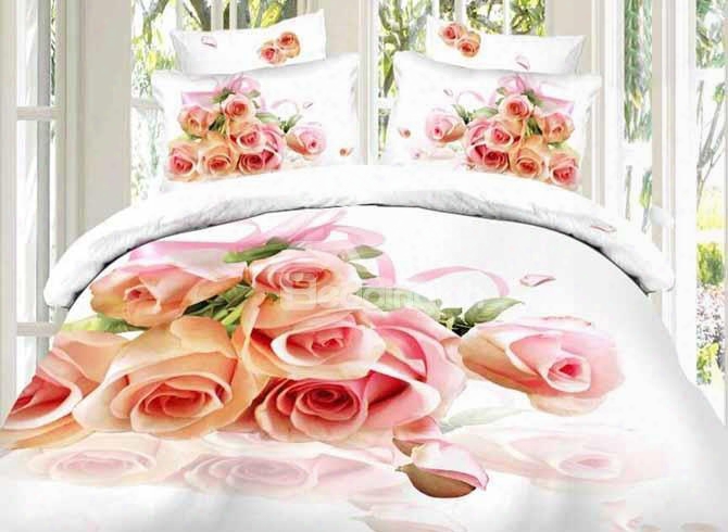 3d Unch Of Pink Roses Printed Cotton Full Size 4-piece Bedding Sets