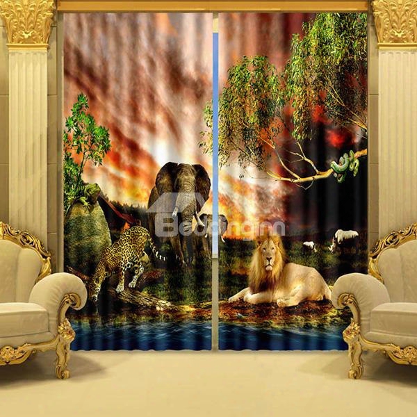 3d Elephant Lion Tiger And Leopard Animals Kingdom Printed Custom Living Room Curtain