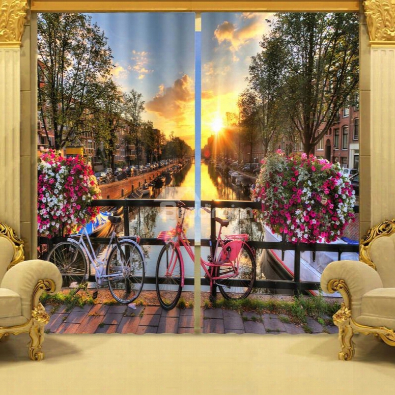 3d Exquisite City At Riverside  In Sunset Printed Polyester Modern Style Custom Curtain