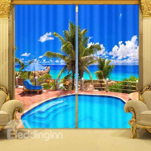 3d Fantastic Swimming Pool And Palm Trees Printed Custom Living Room Curtain