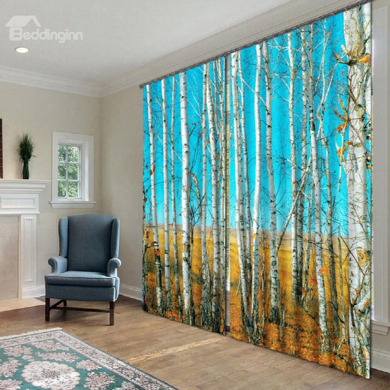 3d Fantastic White Birch Printed Natural Scenery 2 Panels Custm Living Room Curtains