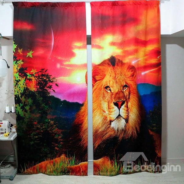 3d Ferocious Lion With Sunset Printed Thick Polyester 2 Panels Custom Curtain