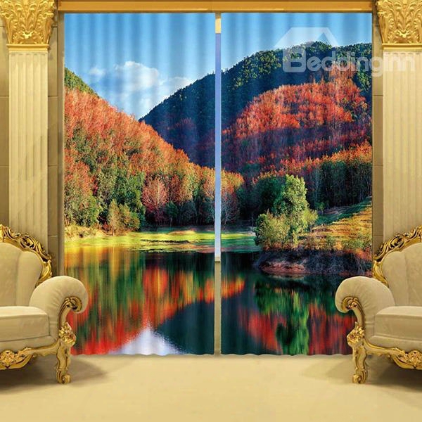 3d Forest And Peaceful Lake Printed Wonderful Autumn Scenery 2 Panels Custom Living Room Curtain