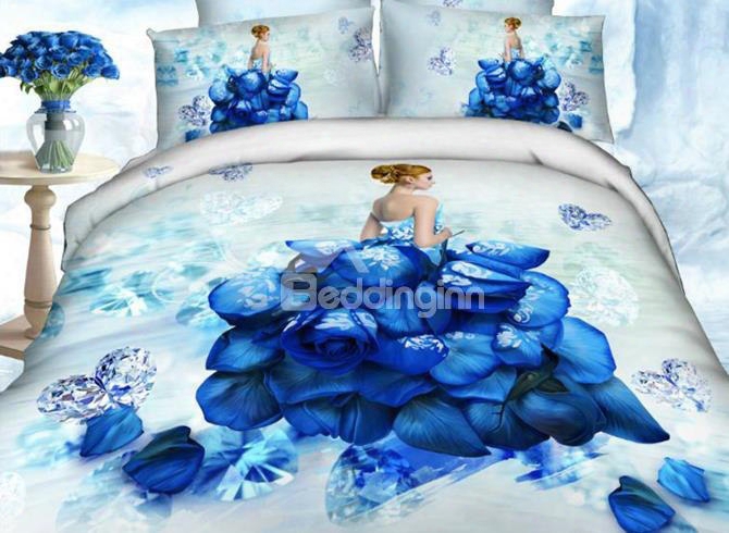 3d Girl Wearing Blue Rose Dress Printed Cotton 4-piece Bedding Sets
