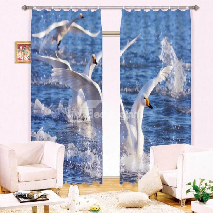 3d Gooses Playing In Water Printed Wonderful Animal Scenery 2 Panels Shading Curtain