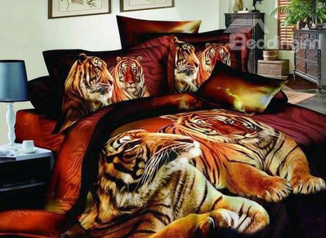 3d Heart-warming Tiger Couples On Land Printed Cotton 4-piece Bedding Sets/duvet Covers