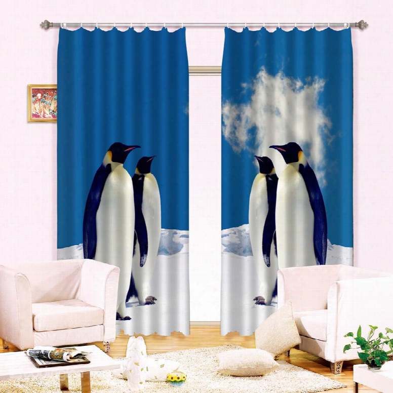 3d Lovely Penguins Printed Polyester Cotton Animals Style 2 Panels Decorative And Blackout Curtain