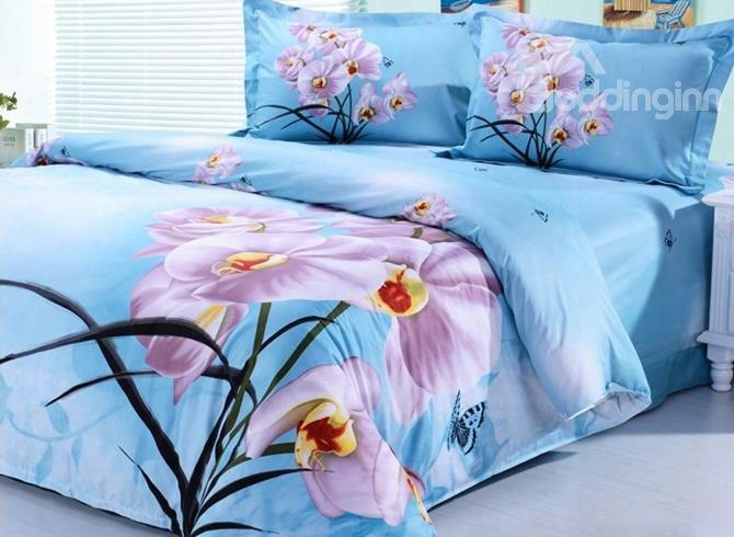 3d Orchid Printed Cotton 4-piece Light Blue Bedding Sets/duvet Covers