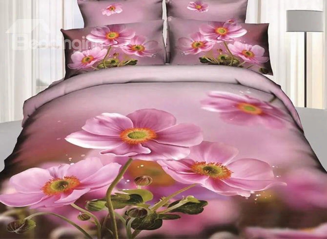 3d Pink Crocus Printed Cotton 4-piece Bedding Sets/duvet Covers