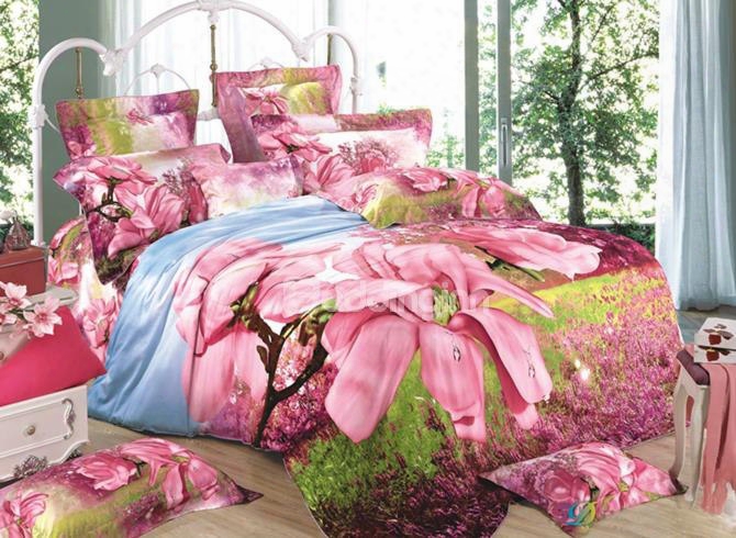 3d Pink Magnolia With Grass Printed Cotton 4-piece Bedding Sets/duvet Covers
