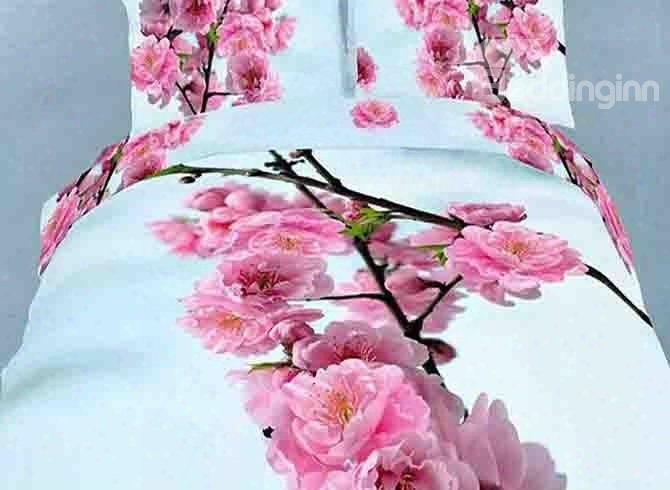3d Pink Peach Blossom Printed Cotton Full Size 4-piece Bedding Sets/duvet Covers