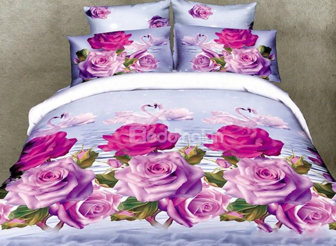 3d Pink Purple Roses And Couple Swans Printed Cotton 4-piece Bedding Sets