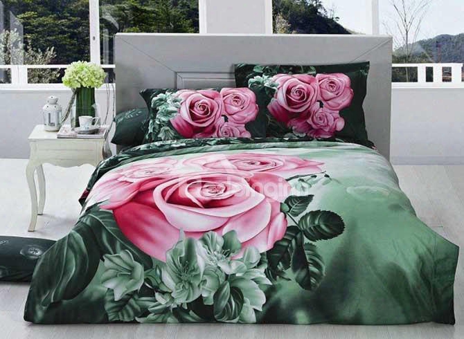 3d Pink Rose Printed Cotton Full Size 4-piece Green Bedding Sets/duvet Covers