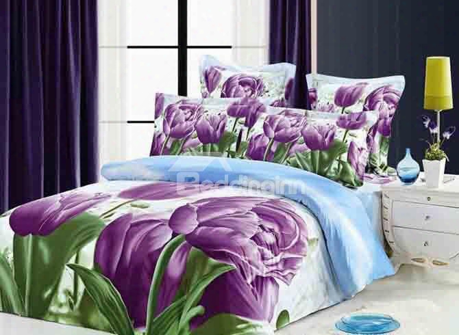 3d Purple Tulip Printed Cotton Full Size 4-piece Bedding Sets/duvet Covers
