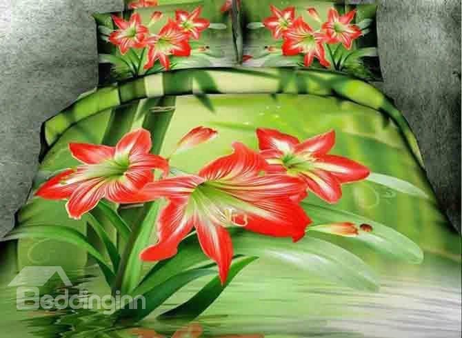 3d Red Amaryllis Printed Cotton Full Size 4-piece Green Bedding Sets/duvet Covers