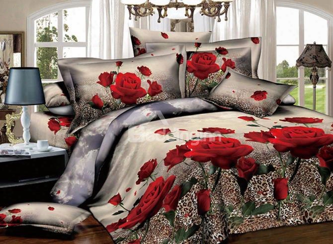 3d Red Rose And Leopard Printed Cotton 4-piece Bedding Sets/duvet Covers