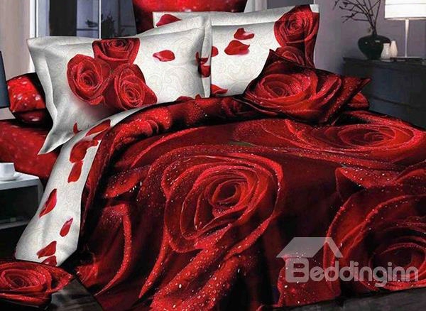 3d Red Roses Printed Cotton 4-piece Full Size Bedding Sets/duvet Covers