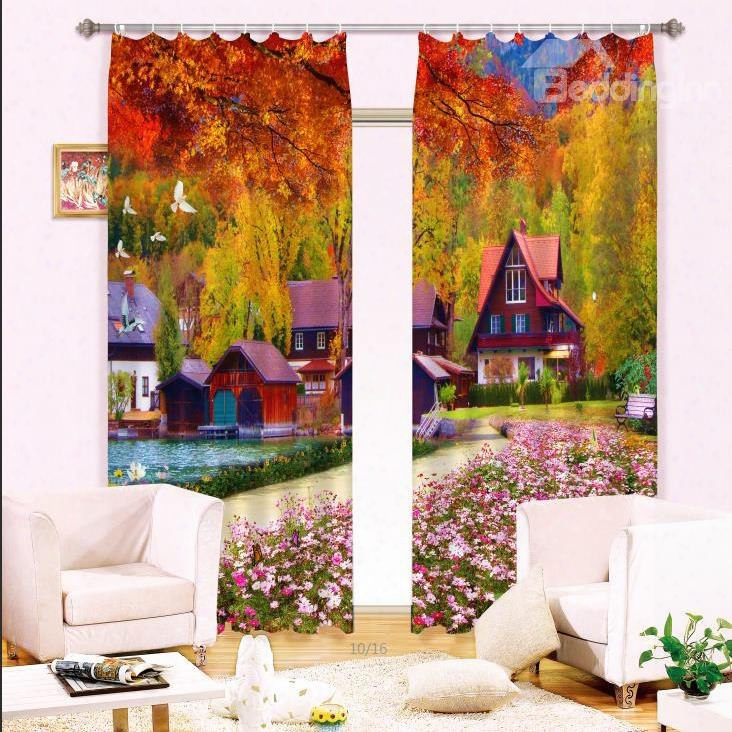 3 Dred Trees And Wooden House With Red Leaves Decorative Custom Curtain