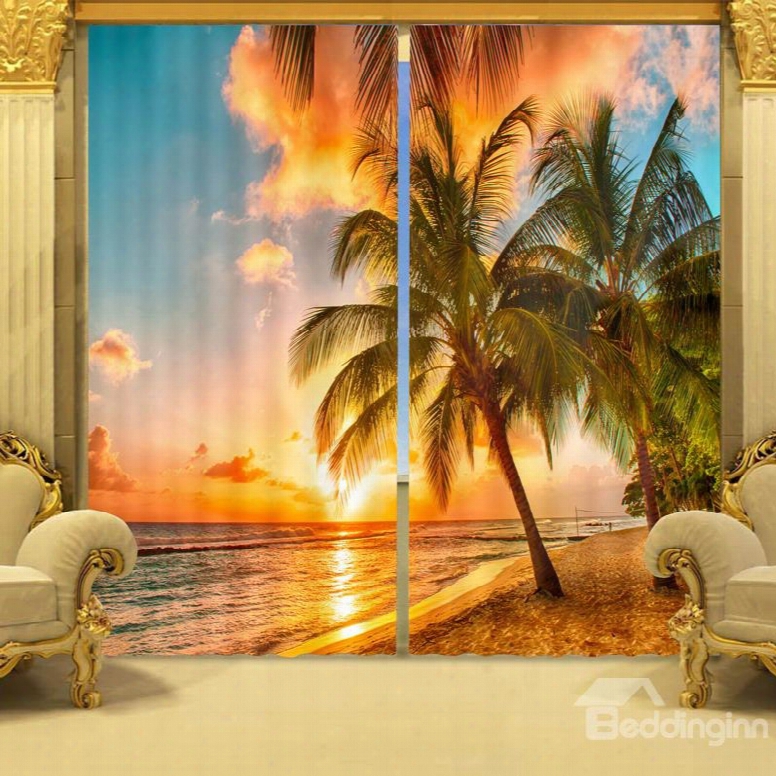 3d Vivid Coconut Trees In Sunset Printed Natural Scenery Polyester Custom Curtain For Living Room