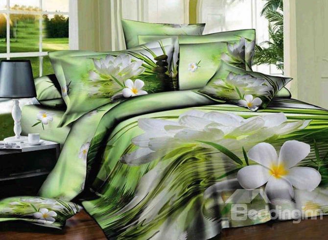 3d Whit E Daffodils On Water Edge Printed Cotton 4-piece Rgeen Bedding Sets