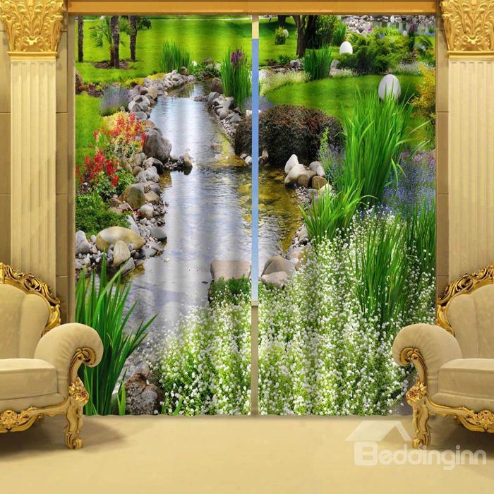 3d Wonderful Stream Of Water And Green Plant Printed Natural Style Custom Curtain For Living Room