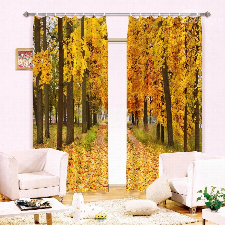 3d Yellow Trees And Leaves Printed Vivid Autumn Scenery Decorative And Blackout Curtain