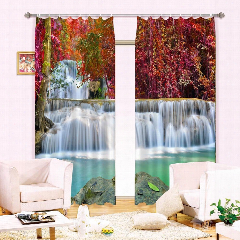 Amazing Red Leaves And Waterfalls Printing Blackout Custom 3d Cur Tain For Living Room