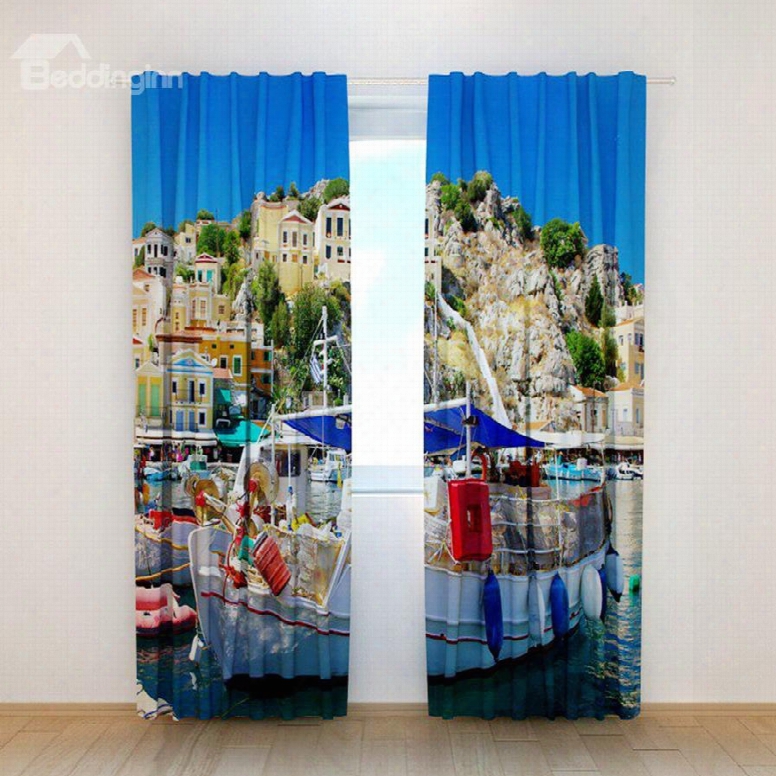 Amazing Ship In Water Printing Polyester 3d Curtain