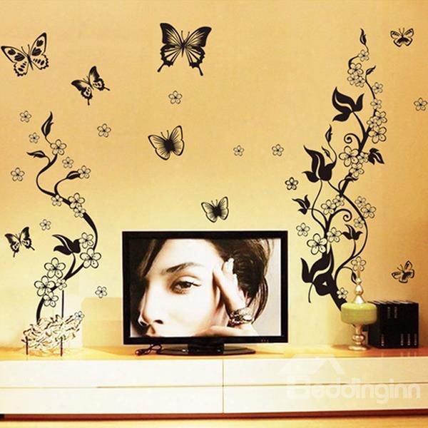 Beautiful Black Flowers And Butterfleis Pattern Wall Stickers