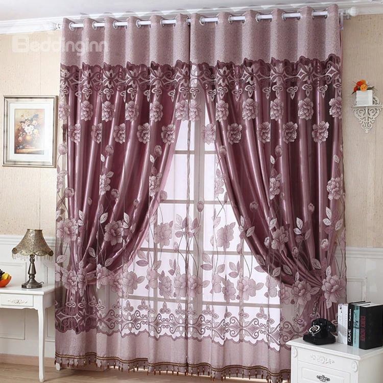 Beautiful Cameo Brown Floral Pattern Sheer & Grommet Top Curtain