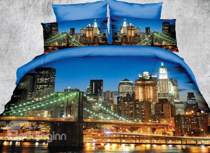 Beautiful Nighttime Imagery Of City Print 4 Piece Polyester 3d Bedding Sets