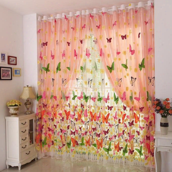 Blackout Colorful Butterfly Printed Sheer And Shading Cloth Curtain Set