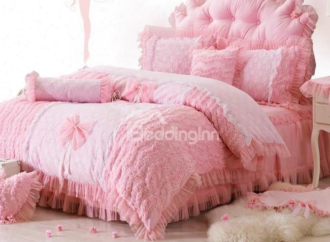 Bowknot And Flower Pattern Pink Cotton And Lace 4-piece Duvet Covers/bedding Sets