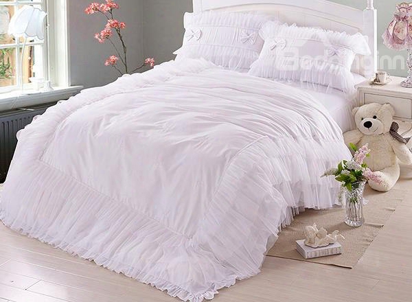 Bowknot Cotton And Lace Princess 4-piece White Duvet Covers/bedding Sets