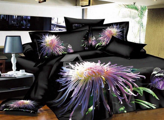 Fascinating Night Chrysanthemum Flower Print 4-piece Polyester 3d Duvet Cover Sets