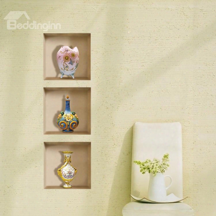 Charming Vase Ornaments Print 3-panel Home Decorative 3d Wall Stickers