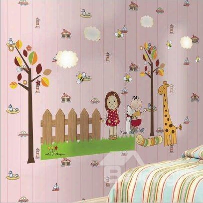 Cheerful Cartoon Children With Giraffe In Garden Print Wall Srickers