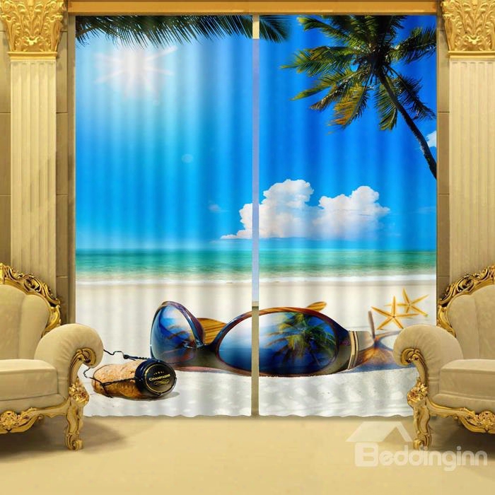 Chic Big Sunglasses Blue Sky And Sea Printing Decorative And Blackout 3d Curtain