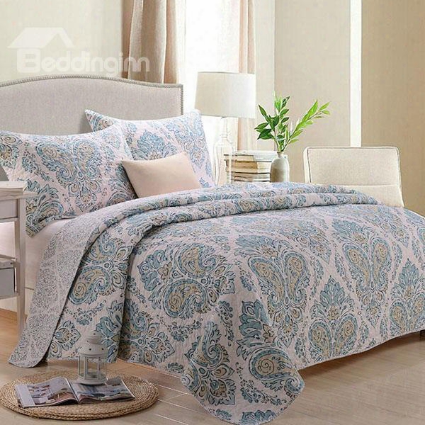 Clumps Of Blue And Beige Flowers Pattern Ultra Comfortable 3-piece Bed In A Bag Set