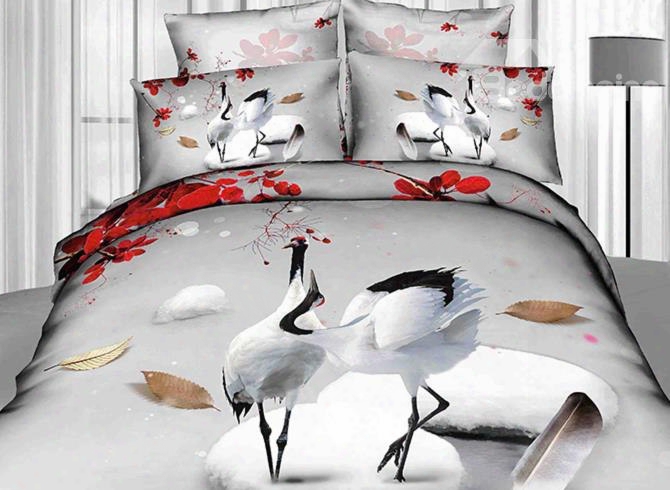 Comfortable Two Cranes On The Ice Print 3d Duvet Cover Sets