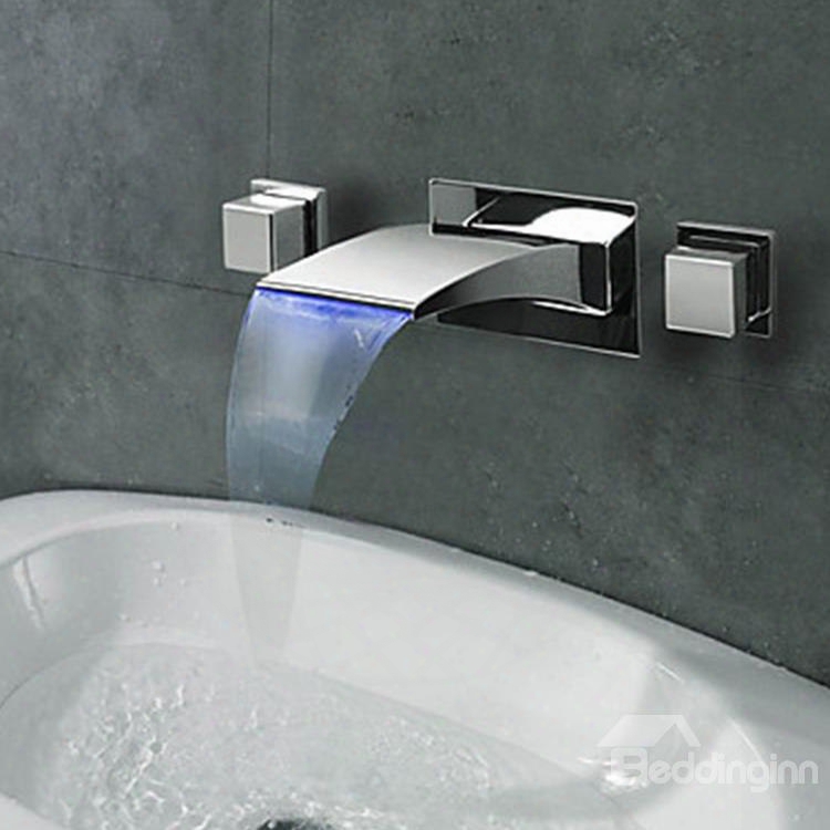 Cnotemporary Widespread Waterfall Wall Mount Three Colors Led Bathroom Sink Faucet