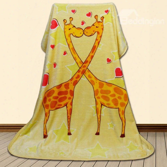 Cozy And Comfortable Wto Giraffes Kissing Pattern Children Yellow Blanket