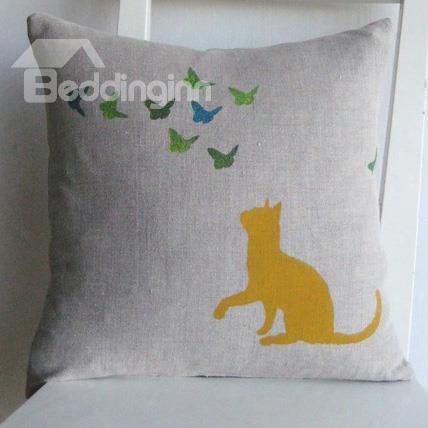 Cute Lovely Cat Watching Flying Butterflies Pattern Throw Pillow