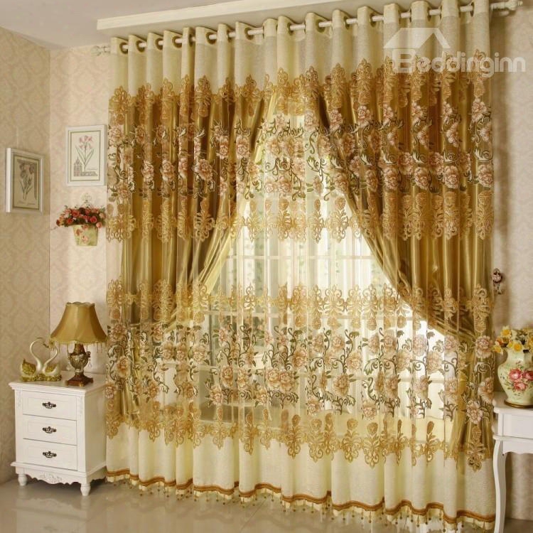 Decoration And Breathable Luxury Golden Peony Pattern Jacquard Custom Sheer Curtain