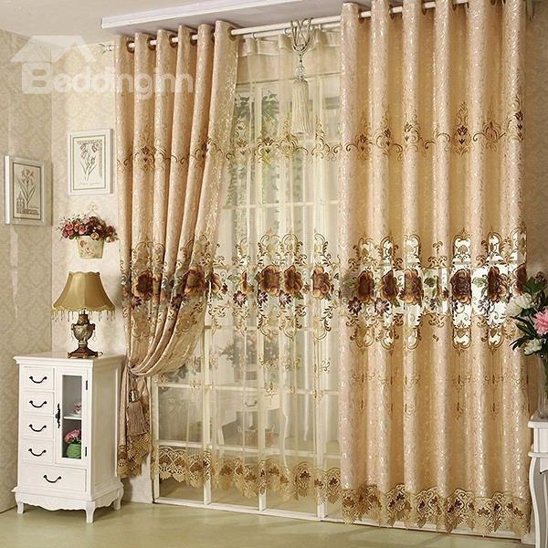 Decoration Poolyester Cotton Brown Rose And Lace Border Luxury Style Grommet Top Curtain