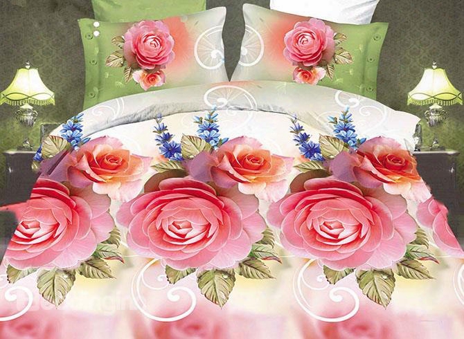 Elegant Pink Rose Print 4-piece Polyester Duvet Cover Sets